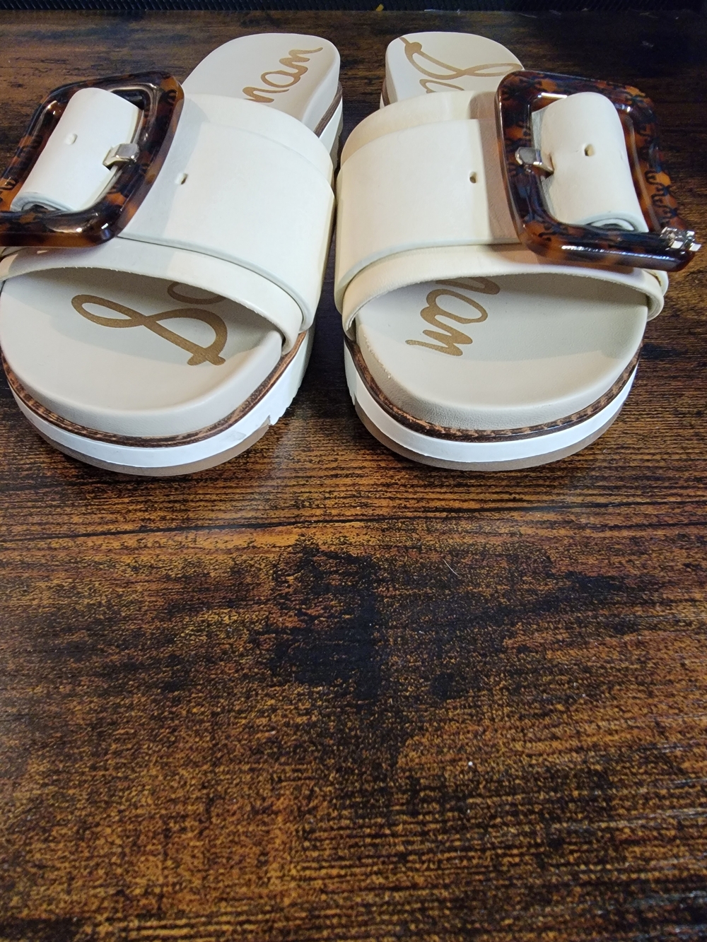 Sam Edelman Ariane Slide Sandals In Ivory with Tortoiseshell Buckle - Picture 3 of 10